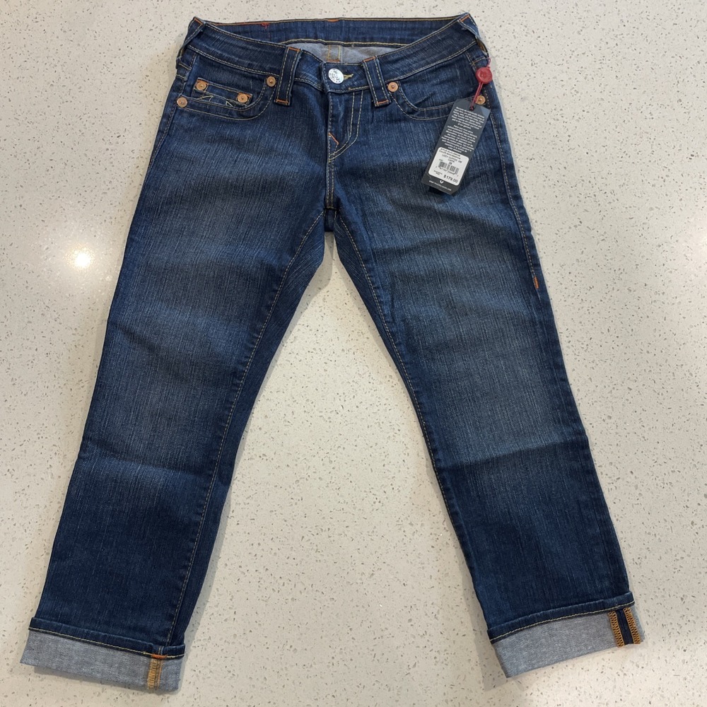 TRUE RELIGION LIZZY Women's Classic Cuffed OM Capri Size 26 Blue NWT